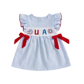 Baby Girl 4th of July Outfit Toddler USA Firework Smocked Dress Ruffle Sleeve Bowknot Plaid Fouth of July Dresses (Embroidered USA Blue, 18-24 Months)