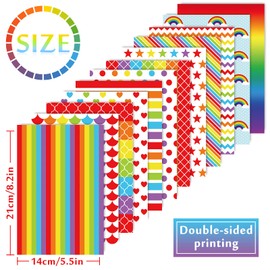 Whaline Rainbow Color Paper Set Colorful Heart Star Stripe Wave Pattern Craft Scrapbook Paper Double-Sided Origami Paper A5 Size Decorative Paper for Gay Pride Card Die Cuts Making, 60 Sheet