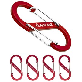 ALPLAKE ® - Pack of 4 Material Carabiners, Double Carabiner, Micro Carabiner, S-Shape 88 x 40 mm, Red