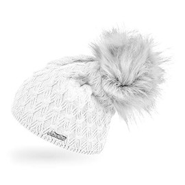 Neverless® Women's Knitted Hat Lined Fur Bobble Faux Fur Winter Hat Bobble Hat, 11401 White