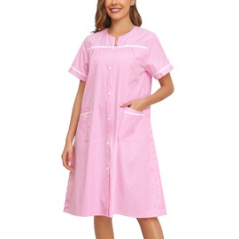 YOZLY House Dress Womens Cotton House Dress Snap Front Short Sleeve with Pockets, Stripe Pink, XX-Large