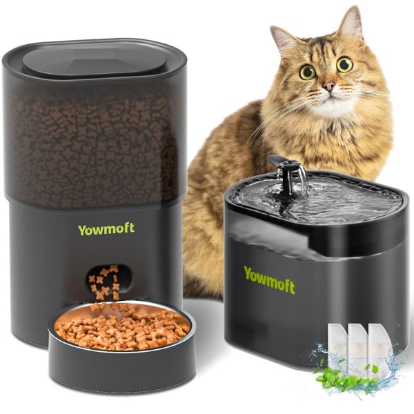 YOWMOFT Automatic Cat Feeder & Fountain, 3L Timed Dry Food