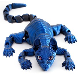 QINGMIAO 3D Printed Cat, Articulated Hairless Cat Toys for Adult, 3D Print Animals Fidget Toys Decor for Stress Relief, 3D Printing Cute Cat Desktop Pet (Blue Black)