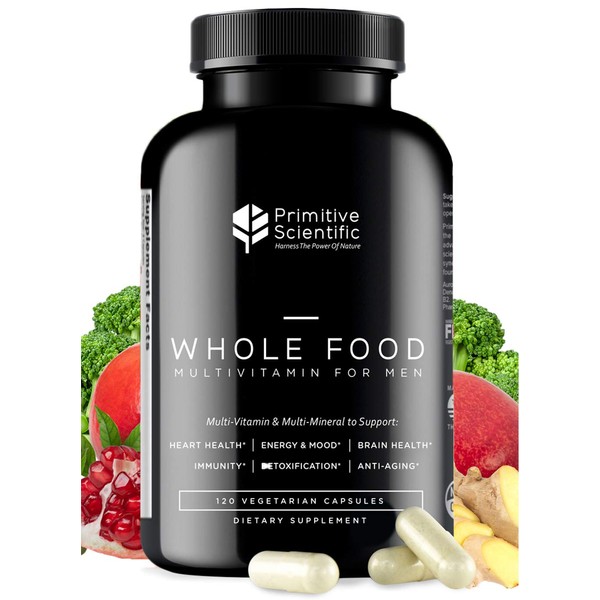 Primitive Scientific Whole Food Multivitamin for Men (120 Vegetarian Capsules) for Strength, Energy, Immune Support, Anti-Aging and More | Natural & Sugar-Free Multivitamin for Men