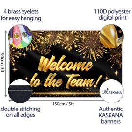 Banner "Welcome To The Team", 1,5 x 0,9 m, mit Bild von "Welcome Home"-Ballon, lebendiger Digitaldruck, 110 den dickes Polyester, doppelte Naht, Schwarz und Gold)