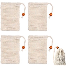 4 Pcs Organic Sisal Soap Saver Bags - Natural Drawstring Bags for Eco-Friendly Shower Use