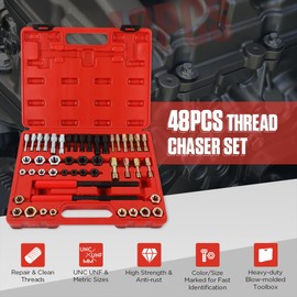 Thread Chaser Set 48PCS Thread Repair Tool Kit UNC/UNF/Metric Thread Chaser Rethreading Kit Anti-rust Thread Restorer Kit with 24 Dies, 22 Taps and 2 Thread Files with Detachable Cap, Tap And Die Set