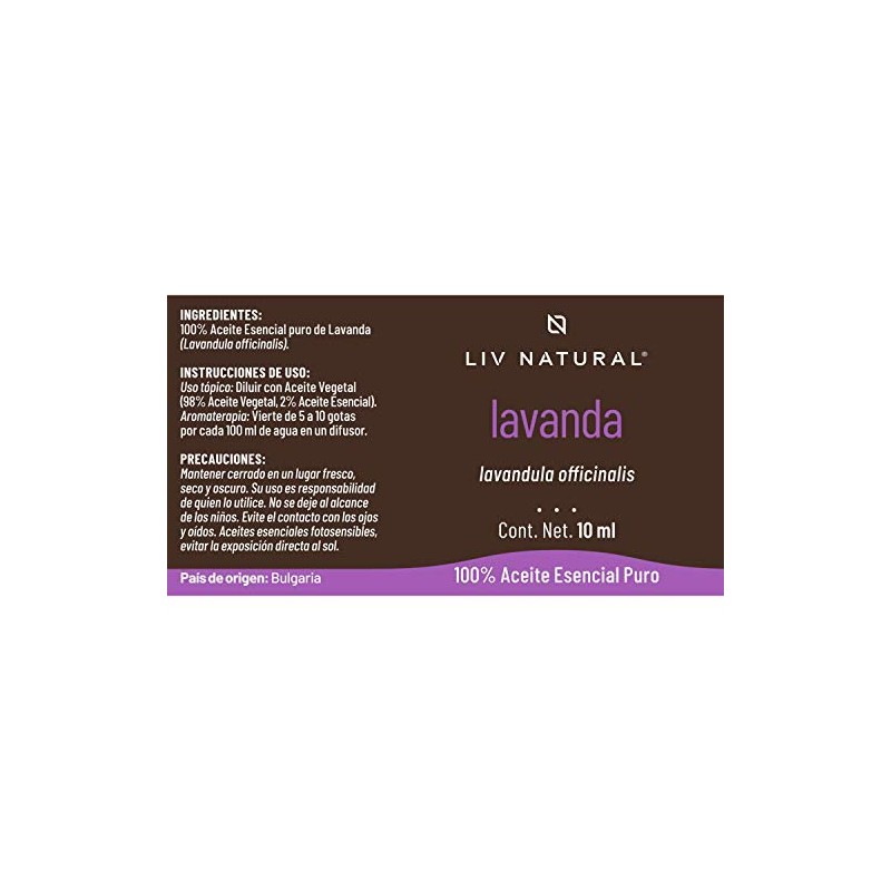LIV NATURAL Aceite Esencial de Lavanda 10ml 100% puro, aromaterapia,