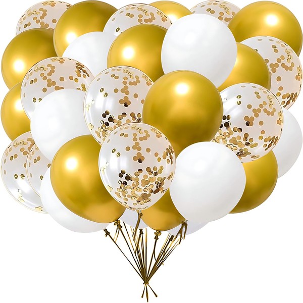 12Inch White and Glod Party Balloons with White Glod Confetti