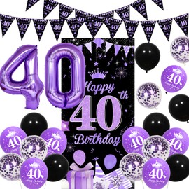 Fangleland 40th Birthday Decorations Purple Black for Women, Happy 40th Birthday Door Banner Triangle Flag Banner Balloons Number 40 Foil Balloons Confetti Balloons for Forty Birthday Party Supplies