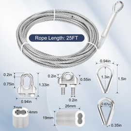 Thickened 3/16" 25ft Stainless Steel Cable with Wire Rope Clip, Thimble and Aluminum Crimping Loop Sleeve, 7X19 Strands Aircraft Cable, 3700lbs Breaking Strength for Deck Railing, String Lights