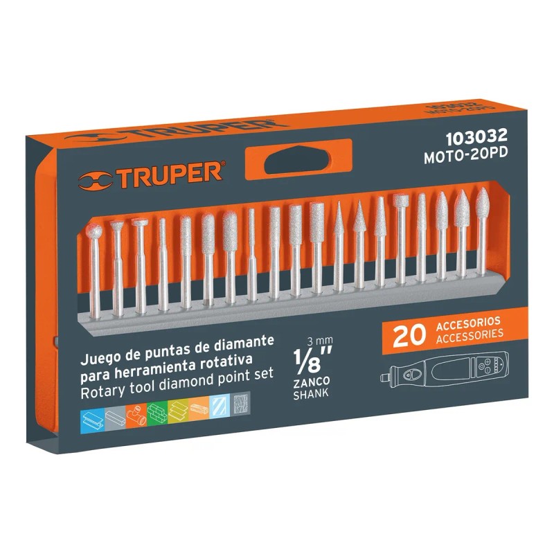 Kit de puntas diamantadas para herramienta rotativa, 20 pzs Truper