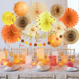 Decoraciones de cumpleaños de otoño para niña, naturaleza, decoración de fiesta de cumpleaños, abanicos de papel, café, naranja, crema, pompones, linternas con bandera de feliz cumpleaños, guirnalda de papel dorado para mujeres