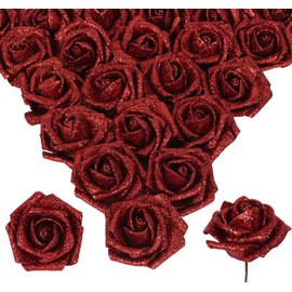 INSUNSIX Red Glitter Roses 30pcs Fake Red Roses Real Looking 2.56" Glitter Red Flowers Faux Roses with Stems Foam Roses for Bridal Shower Decorations Wedding Bouquet Decor (Red)