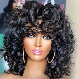 ZANPAL Bouncy Curls Wigs With Bangs Black 6inch 200% Density Human Hair Wig Bangs Wig Daily Used Easy To Wear Beginner Friendly Big Bouncy Fluff Curly Wigs