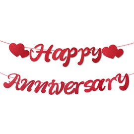 Tinoaly Happy Anniversary Banner, Pre-Strung Happy Anniversary Garland No DIY Party Decoration Supplies for Wedding Birthday (Red)