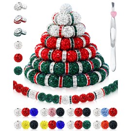 180PCS FIVEIZERO 10mm Rhinestone Beads for Jewelry Making – Sparkly Round Crystal Clay Beads & Spacers in Christmas & Baseball Team Colors for Bracelets, Necklaces & DIY Crafts (Green, Red, White)