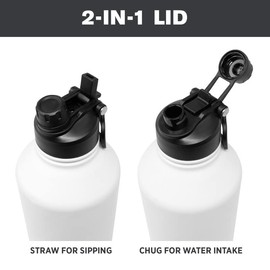 Hydraflow Crusader - Triple Wall Vacuum Insulated Water Bottle with Dual Lid (64oz, Powder Black) Stainless Steel Metal Thermos, Reusable Leak Proof BPA-FREE for Sports and Travel