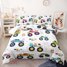 Nttopship Kids Comforter Set for Boys,Cartoon Monster Car 3 Pieces Bedding Set Full,Colorful Off-Road Vehicle All Season Soft Microfiber Down Alternative with 2 Pillowcases