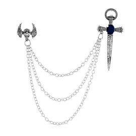 Gothic Skull Head with Sword Brooch Pin Long Chain Tassels Lapel Pin Halloween Spooky Skull Skeleton Pin for Clothing Decorations (silver)