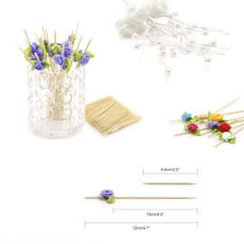 Minisland Purple Rose Flower Cocktail Picks, 4.7 Inch Long Bamboo Fancy Toothpicks for Appetizers, Decorative Bridal Wedding Valentines Party Food Drinks Fruit Kabob Skewer Sticks 100 Counts -MSL226