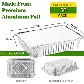 SENENQU Set of 50 Grill Aluminium Bowls with Lids 1900 ml - Disposable Aluminium Foil Bowls with Lid for Baking, Roasting, Cooking, Small Containers - 26 x 19 cm