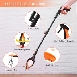 5 in 1 Hip Knee Back Replacement Recovery Kit with 32" Foldable Reacher Grabber, Sock Aid, 35" Long Shoe Horn & Dressing Stick, Storage Bag, Portable Mobility Tools