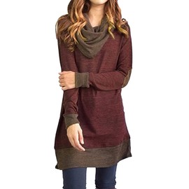 Famulily Women's Cowl Neck Tops Two Tone Color Block Pullovers Elbow Patchs Loose Long Tunic Blouse(L,Wine)