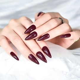 24pcs Dark Burgundy Press On Fake Nails Medium Long Stiletto Sharp Pointed False Nail Tips Glossy Full Cover Stick On Acrylic Nails For Women And Girls