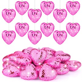 Ziliny 24 Pcs 24 Pcs Valentine's Day Heart Hanging Ornaments for Tree Disco Balls Mirror Disco Ball Decor Baubles Plastic Heart Decoration for Valentine's Day Wedding Party Supplies (Pink)