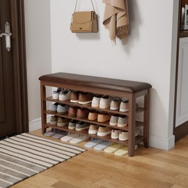 AQIMUELE Shoe Bench with Leather Cushion, 3 Tiers Shoe Storage Bench Height Adjustable, Walnut Wood Entryway Bench for Hallway, Mudroom