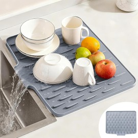 Toketa Tapete Escurridor de Trastes, Escurreplatos de Silicona para Encimera de Cocina, Antideslizante Resistente al Calor, Diseño Pendiente Drenaje Gota de Agua(Gris, 40 * 32.5cm)