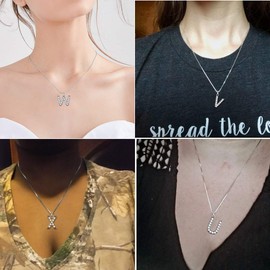 Aurora Tears 26 Letters Necklace/Stud Earrings, 925 Sterling Silver, Initial A-Z Alphabet Pendant/Earring with Cubic Zirconia, Jewellery Gifts for Women, Cubic zirconia, V