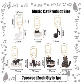 SUPERFINDINGS 7 Style Bookmarks with Music Cats Theme and Paper Clip Cute Alloy Enamel Bookmark with Cat Pendant Black White Cartoon Paper Clip for Organising Documents