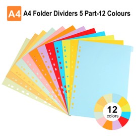 (Pack of 5) Index Dividers for A4 Folders, Coloured Dividers for A4 Folders, Paper Jam with Numbers 1-12 Colours, A4, 11 Holes, Punched with Digital Covers, Folder Index Dividers