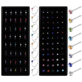 Dochais 60/100 Pieces Nose Studs Stainless Steel L Shape Nose Piercing Studs Small Rings C Shaped Silver Spiral Nose Stud with Rhinestone Straight Nose Piercing Rings for Women Men 20G, Stainless