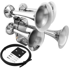 Vixen Horns Train Horn for Truck/Car. 4 Air Horn Chrome Plated Heavy Duty Trumpets. Super Loud dB. Fits 12v Vehicles Like Semi/Pickup/Jeep/RV/SUV VXH4318