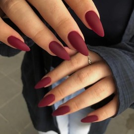 KQueenest Mate Vino Rojo Prensa En Uñas Mediano Almendra, Uñas Acrílicas Estilete de Color Puro, Mediano de Uñas Falsas Prensas Ons para Mujeres, Pega