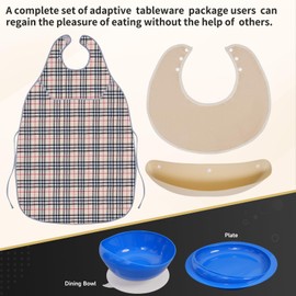 Adaptive Utensils for Elderly with Suction Base, Parkinsons Utensils with Bibs, Adaptive Dinnerware Dish for Handicapped, Spill Proof Bowl and Plate with Lipped Edges for Dementia, Stroke, and Tremor