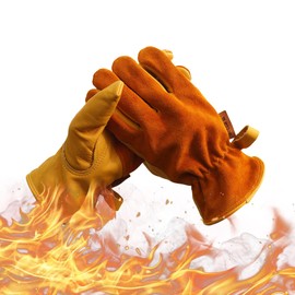 喜马拉雅 Leather Grill Gloves for Men or Women, Leaf Yellow Large Work Glove for Camping, BBQ, Gardening, Construction, Chainsaw, Farm, Ranch, Cowhide, Cotton Lined, Utility, Firm Grip, Durable