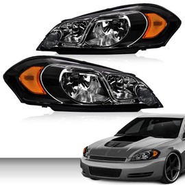 G-PLUS LED Headlights Assembly Compatible with Chevy Monte Carlo 2006 2007/Chevy Impala 2006-2013/Chevy Impala Limited 2014-2016 DRL Bumper Corner Headlamp Smoky Lens Chrome Housing Amber Reflector