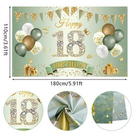 Happy 18th Birthday Banner Sage Green Gold, 1.1 x 1.8 m Happy 18th Birthday Backdrop Banner 18th Birthday Decorations for Boys Girls, 18 Years Old Birthday Anniversary Party Supplies