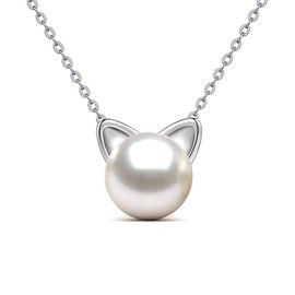 925 Sterling Silver Necklaces for Women Girls Ladies, Cat Freshwater Pearl Necklace and Earring Sets, Cute Cat Necklaces for Women, Cat Pearl Pendant Necklace, Pearl Cat Necklace 10MM- Chain 40+5CM