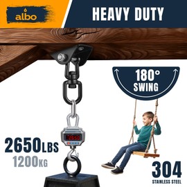 Albo 2650LBS Heavy Duty Ceiling Swing Hooks – 1 Pack Black, 304 Stainless Steel, 180° Silent Swivel Mount, Indoor Outdoor Hanger for Hammock, Therapy Swing, Punching Bag – Screws for Wood & Concrete