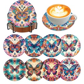 Meothan 8 Pcs Diamond Art Coasters Kits with Holder Colorful Butterfly Diamond Painting Coasters Kits for Adults Beginners 5D Diamond Coasters with Cork Pads Gem Art Dots Paintings Crafts Supplies