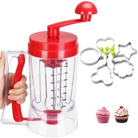 HUNIGIR Batter Dispenser Pancake Dispenser with Mixer and Measuring Scale Cupcake Waffle Batter Dispenser with 5 Baking Molds (Red)