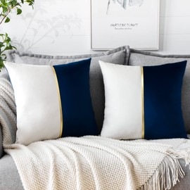 OTOSTAR Blue White Velvet Throw Pillow Covers with Gold Leather Patchwork Luxury Modern Minimalist Square Pillowcase Cushion Covers for Living Room Bed Couch Sofa 18x18Inch Set of 2