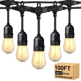 BRIMAX 100FT Outdoor String Lights with 32 Shatterproof Bulbs 2W S14 LED Bulbs String Lights Waterproof for Patio Bistro Market 2700K Warm White