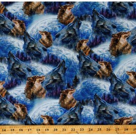 3 Wishes Fabric Cotton Howling Wolves Wolf Animals Winter Blue Fabric Print by the Yard D372.48