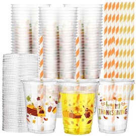 Sliner 100 Set 12 oz Fall Disposable Cups with Lids and Straws Thanksgiving Plastic Cups Disposable Wine Glasses Give Thanks Clear Plastic Tumblers for Ice Juice Beverage Wedding Party Decoration